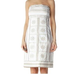 White House Black Market Removable Strap White & Gold Embellished Dress- Size 6